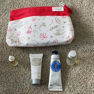 L'Occitane Red and White Cosmetic Pouch with Skincare Set